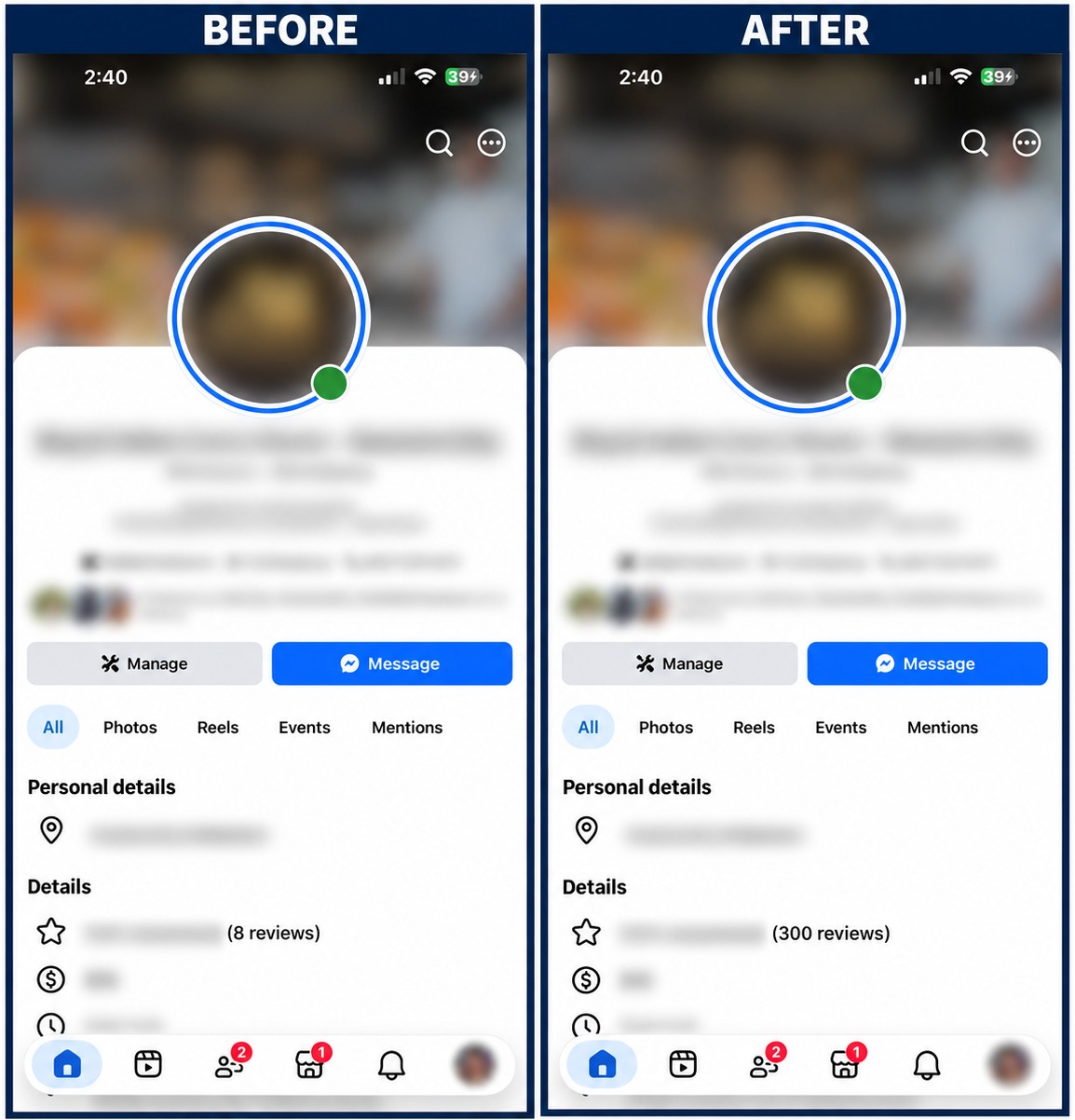 Before and after of a page growing its reviews with Wildfire